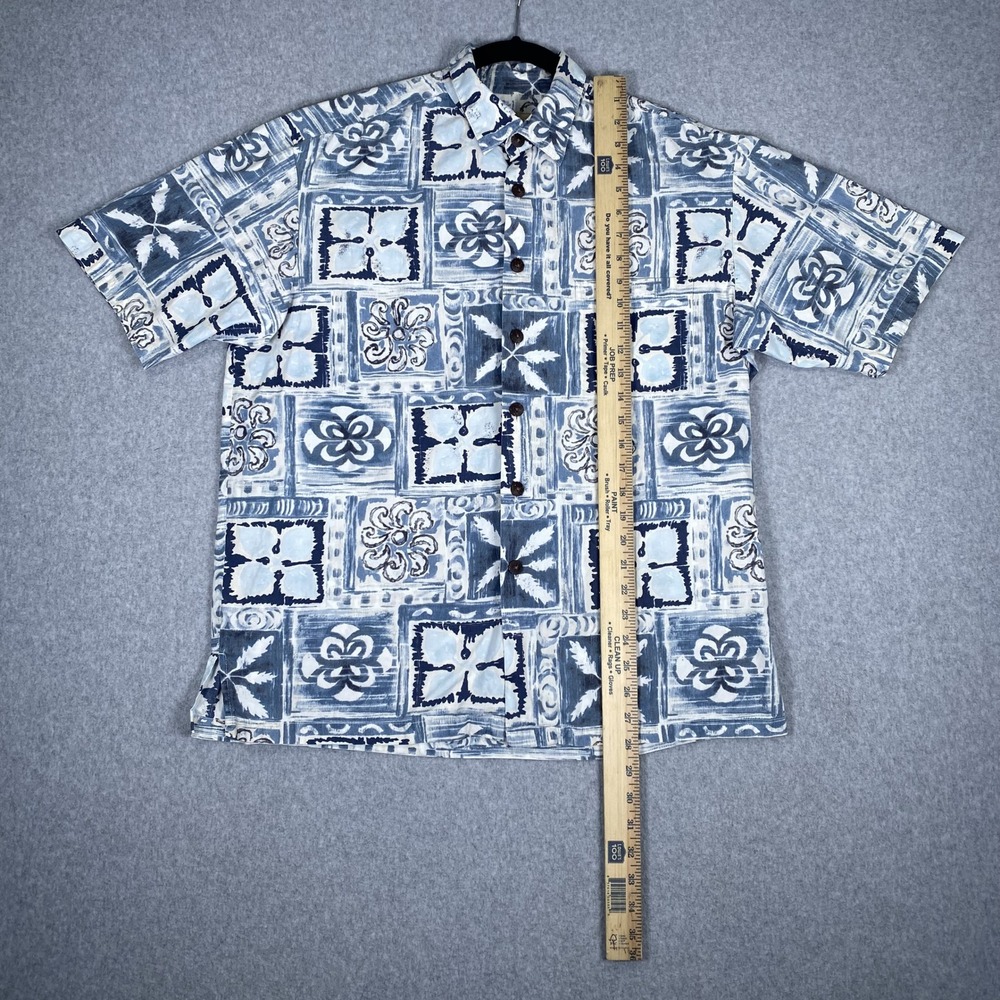 Kahala Button Up Shirt Mens Large Blue Geometric Floral Cotton Hawaii Made - Picture 15 of 16